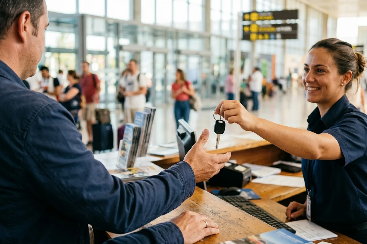 Receiving rental car keys at the airport desk