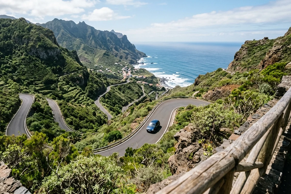Hairpin mountain road winding down to the sea in Tenerife